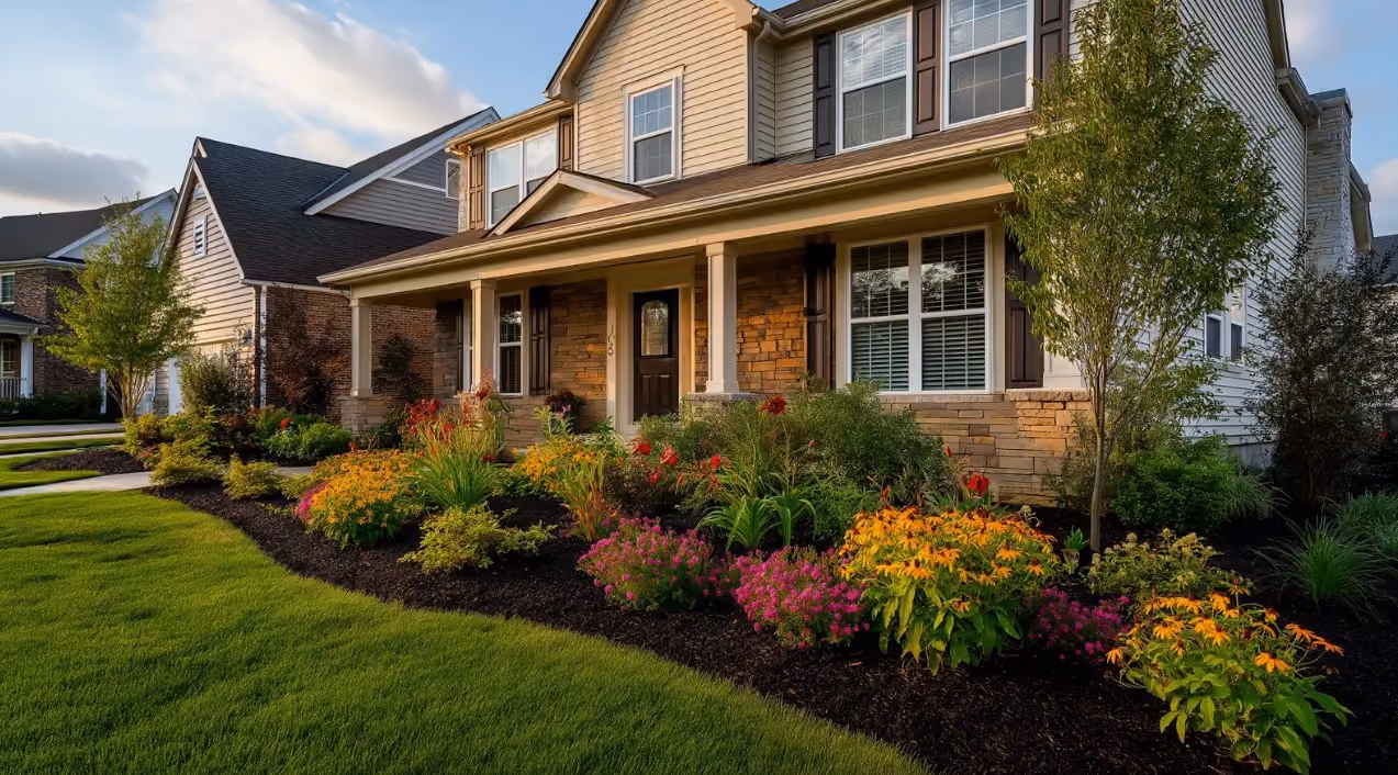 A well-maintained Londonderry, New Hampshire home on a sunny summer day featuring fresh landscaping, colorful flowers, a clean walkway, and an inviting front entry.