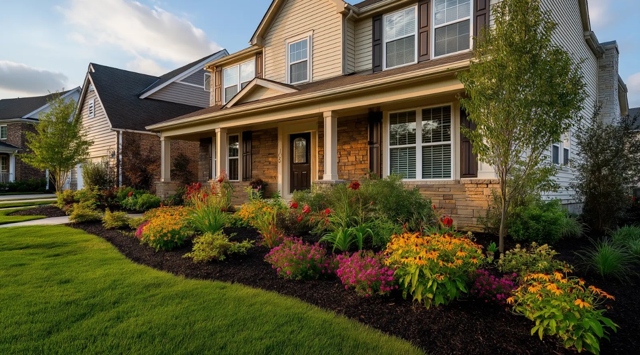 A well-maintained Londonderry, New Hampshire home on a sunny summer day featuring fresh landscaping, colorful flowers, a clean walkway, and an inviting front entry.