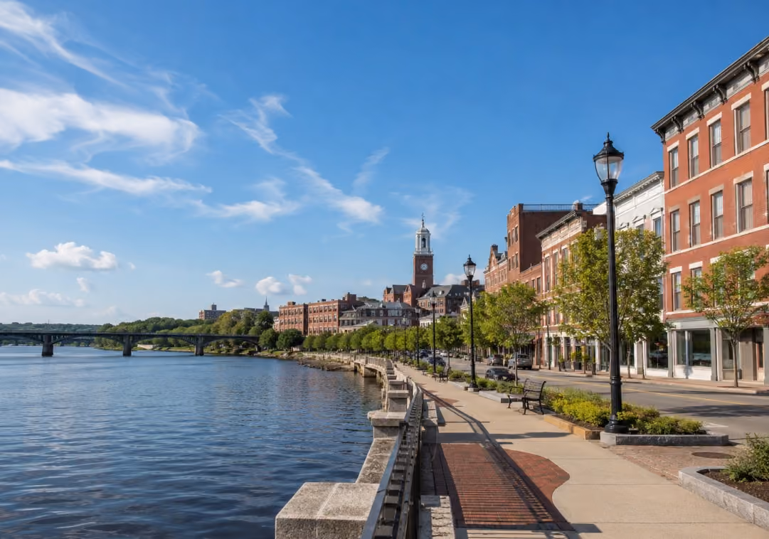 A clean, high-quality image of the Haverhill waterfront or downtown area near the Merrimack River, showing the local mix of walkability, historic character, and residential lifestyle.