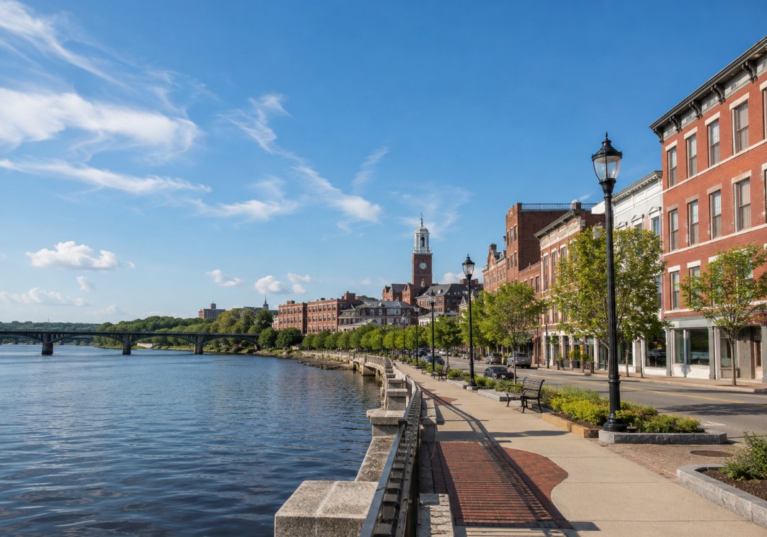 A clean, high-quality image of the Haverhill waterfront or downtown area near the Merrimack River, showing the local mix of walkability, historic character, and residential lifestyle.