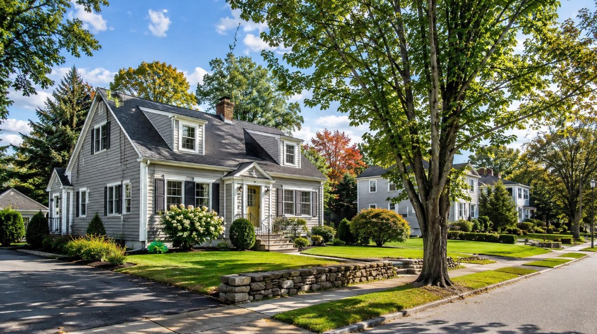A realistic late-summer New England residential street in Concord, NH, with a well-maintained home exterior, mature trees, clean curb appeal, and warm natural daylight.