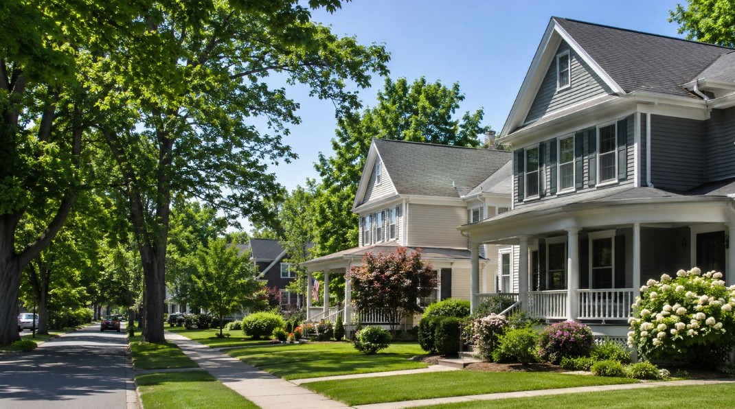 A realistic summer residential street scene in Southern New Hampshire or the Merrimack Valley, showing clean New England homes, mature trees, sidewalks, and a calm neighborhood atmosphere.
