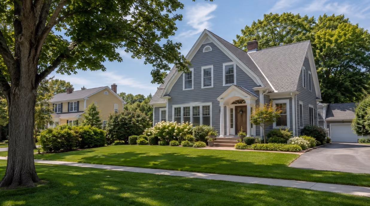 A clean Manchester, New Hampshire residential street in summer with a well-kept New England-style home, trimmed landscaping, mature trees, and warm natural daylight.