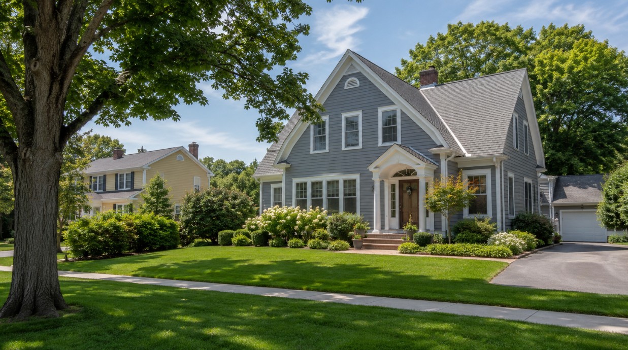 A clean Manchester, New Hampshire residential street in summer with a well-kept New England-style home, trimmed landscaping, mature trees, and warm natural daylight.