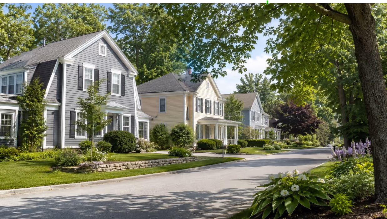 A realistic summer residential street scene in Bedford, New Hampshire, showing a clean New England-style neighborhood with mature trees, well-kept homes, natural daylight, and a calm buyer-friendly atmosphere.