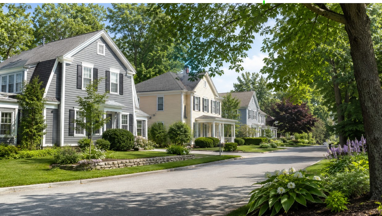 A realistic summer residential street scene in Bedford, New Hampshire, showing a clean New England-style neighborhood with mature trees, well-kept homes, natural daylight, and a calm buyer-friendly atmosphere.