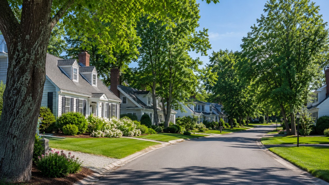A clean Southern New Hampshire residential street in early July with well-kept homes, mature trees, neat landscaping, and natural summer daylight, creating a calm and trustworthy real estate guidance feel.