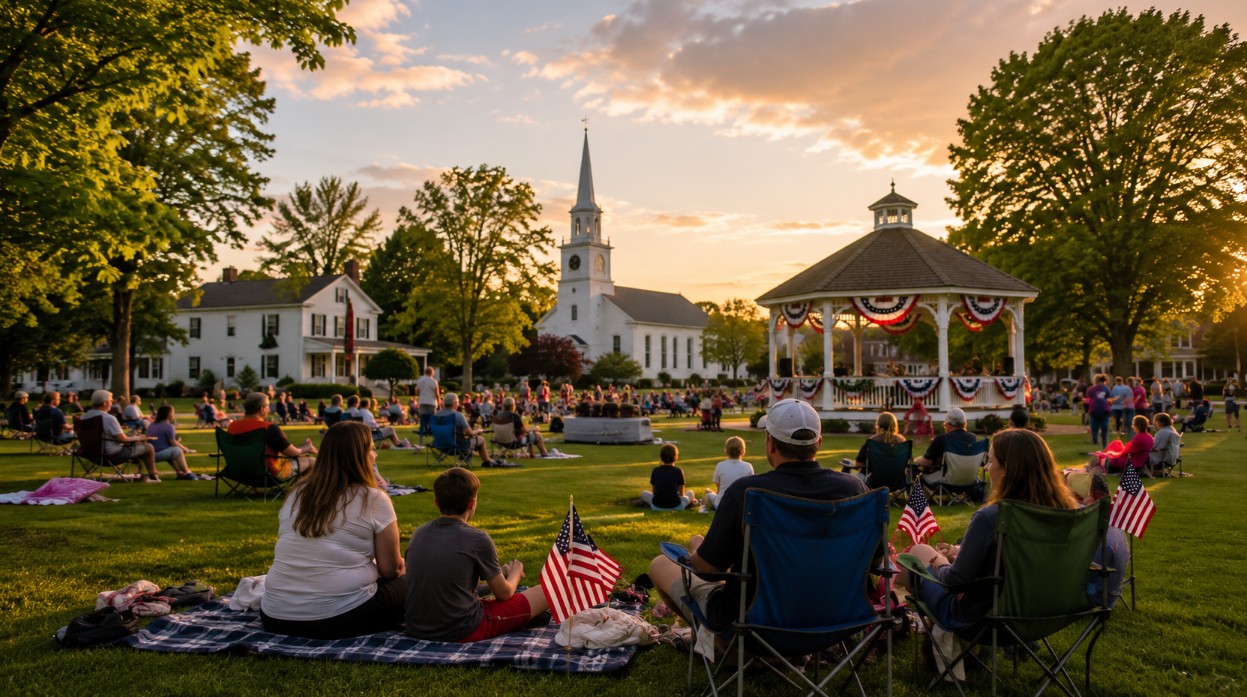 A realistic summer evening community scene in New England with families and residents gathered on a green lawn before fireworks, with subtle patriotic details, mature trees, and a warm small-town atmosphere.