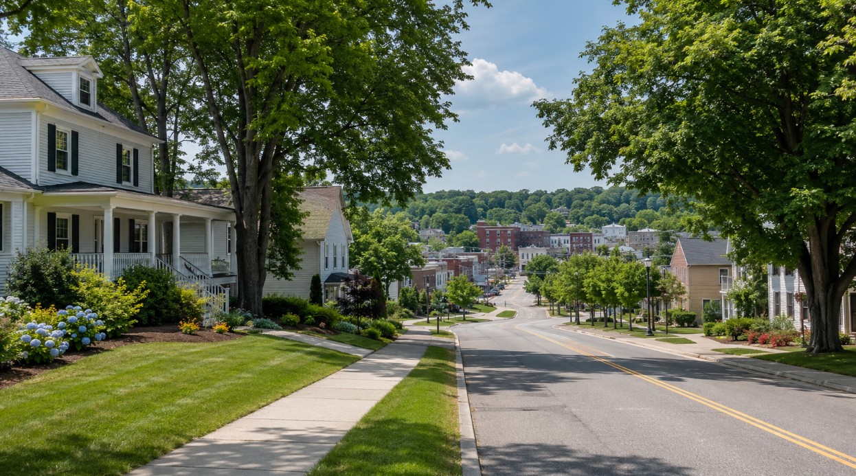 A realistic summer view of a clean Salem, NH residential neighborhood near a walkable shopping and dining area, with mature trees, New England-style homes, and a calm Southern New Hampshire border-town feel.