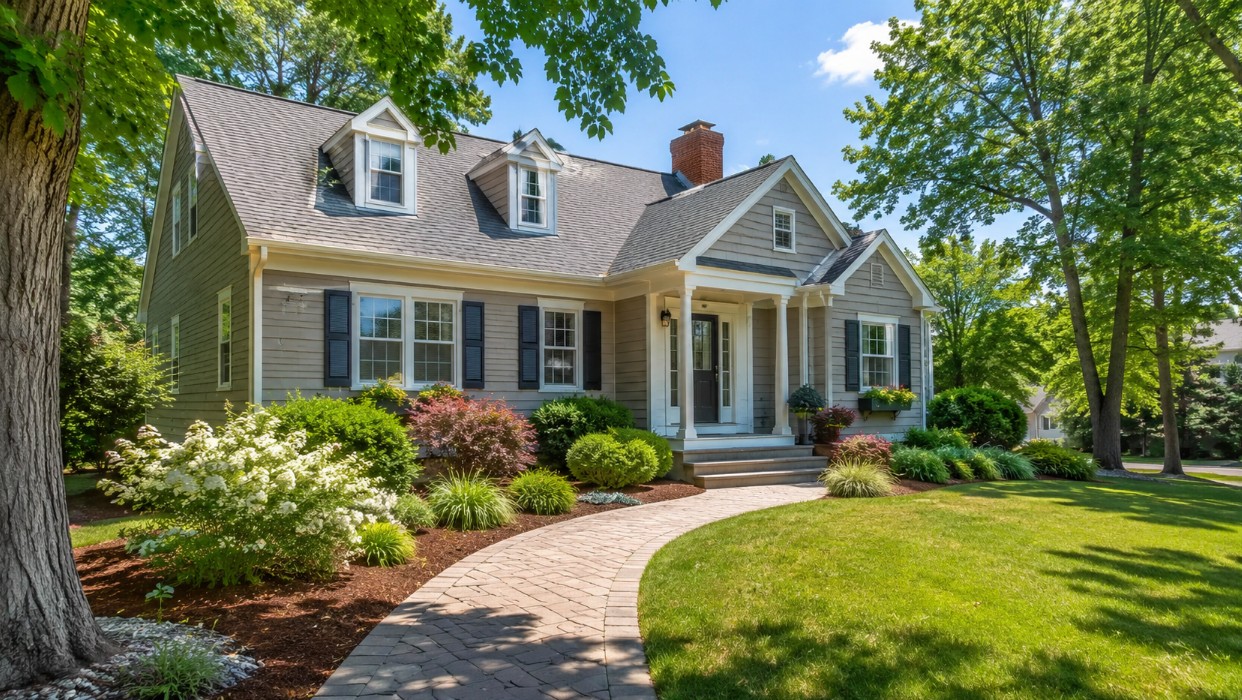 A polished Merrimack, NH-style residential home exterior in early July with fresh curb appeal, clean landscaping, natural daylight, and a calm Southern New Hampshire neighborhood feel.