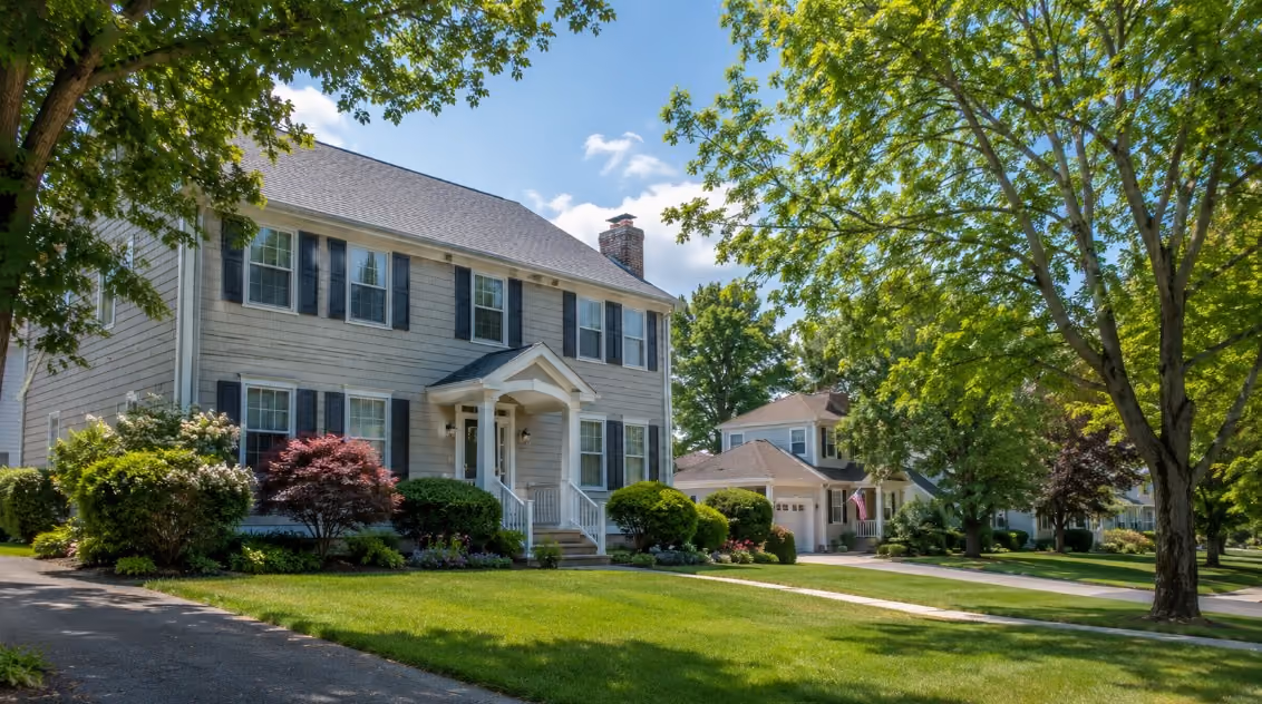 A clean, realistic Southern New Hampshire residential street scene in Nashua with a well-maintained New England-style home, mature trees, bright summer daylight, and a calm neighborhood feel suitable for buyers considering a move near the Massachusetts border