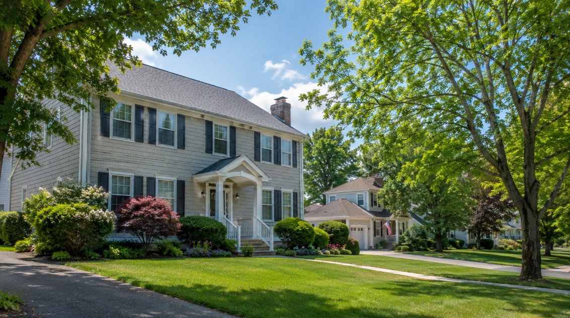 A clean, realistic Southern New Hampshire residential street scene in Nashua with a well-maintained New England-style home, mature trees, bright summer daylight, and a calm neighborhood feel suitable for buyers considering a move near the Massachusetts border