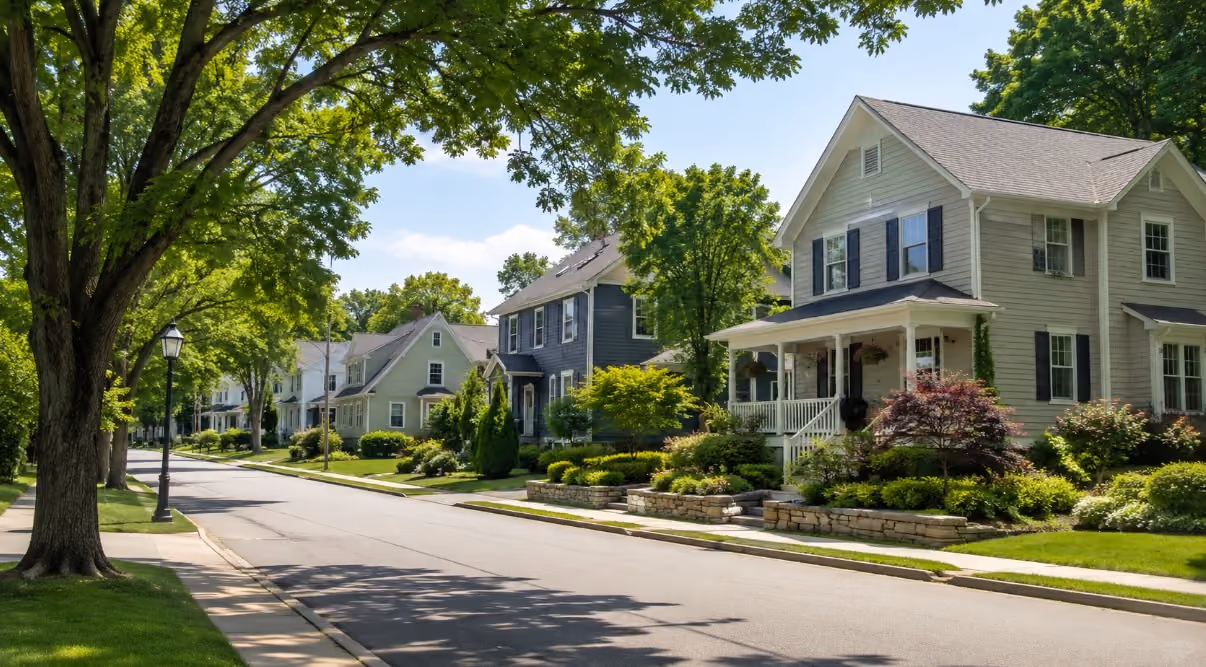 A realistic late-June residential street scene in Southern New Hampshire or the Merrimack Valley, with clean New England homes, mature trees, sidewalks, and soft summer daylight.