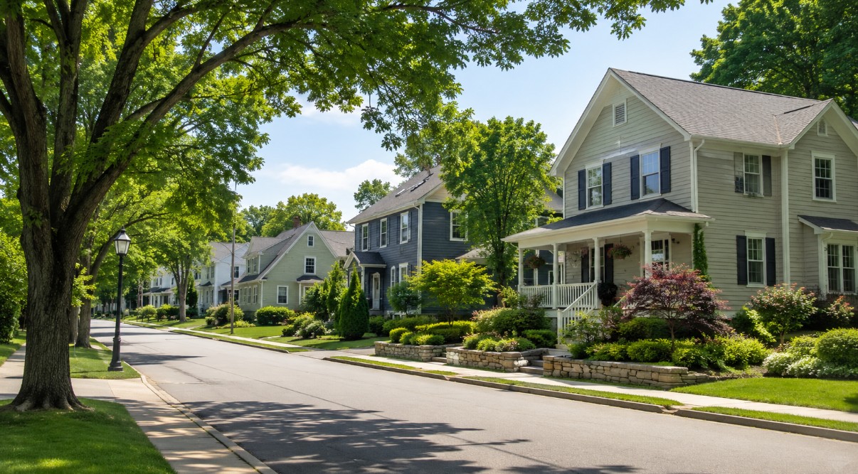 A realistic late-June residential street scene in Southern New Hampshire or the Merrimack Valley, with clean New England homes, mature trees, sidewalks, and soft summer daylight.