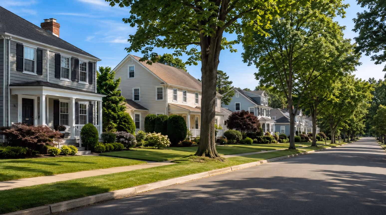 A professionally photographed Northern Massachusetts residential streetscape in summer, showing a realistic mix of well-maintained New England homes, mature trees, sidewalks, and natural neighborhood activity without identifiable residents or real estate signs.