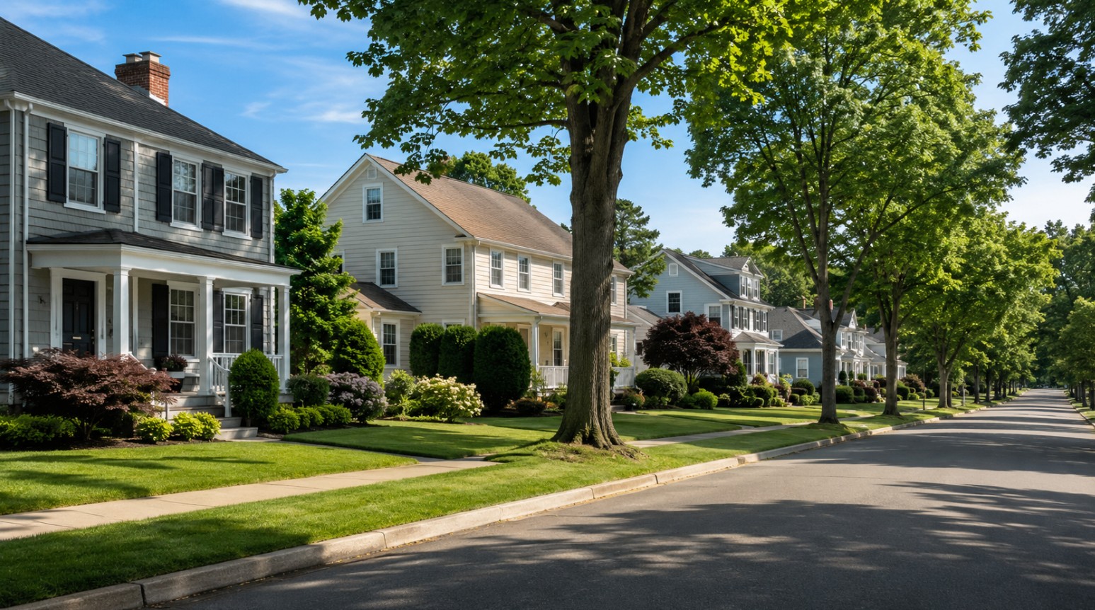 A professionally photographed Northern Massachusetts residential streetscape in summer, showing a realistic mix of well-maintained New England homes, mature trees, sidewalks, and natural neighborhood activity without identifiable residents or real estate signs.