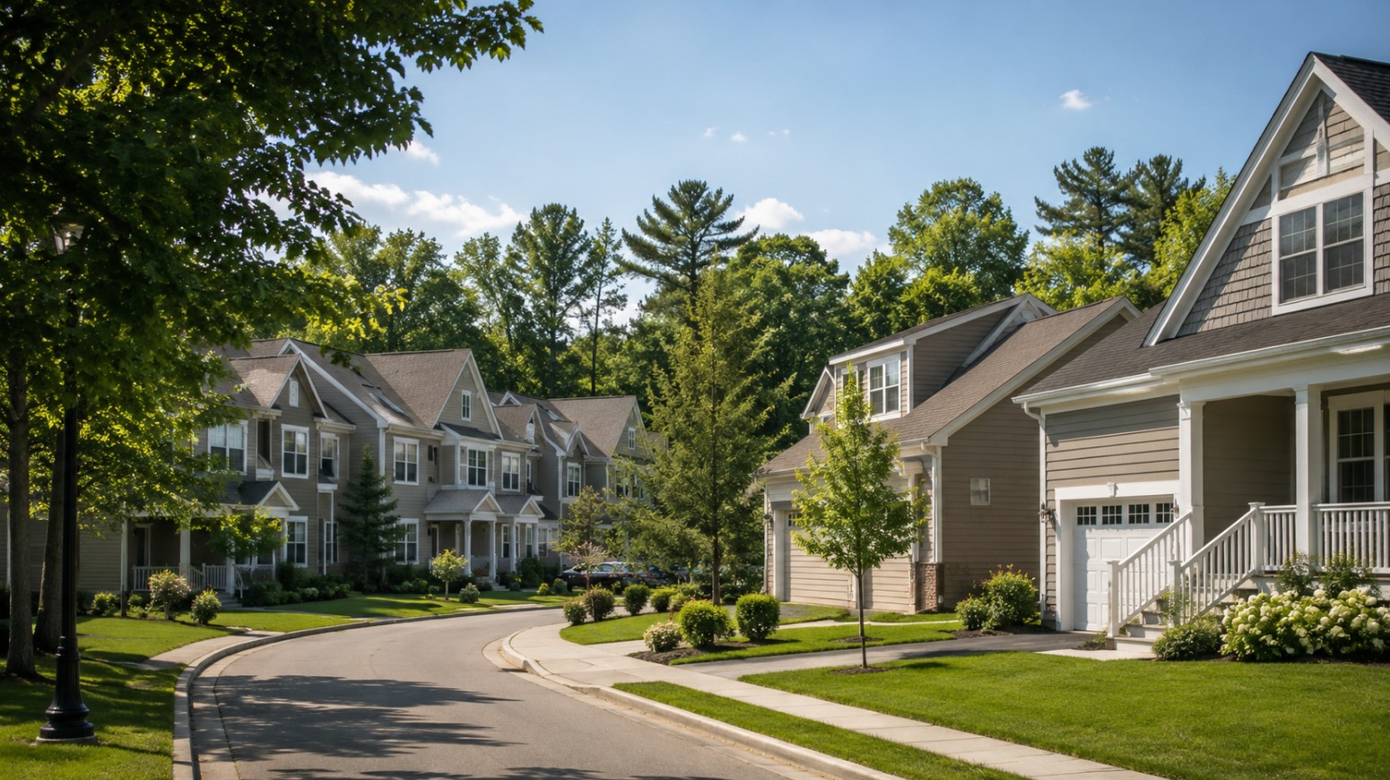 A realistic summer residential scene in Merrimack, New Hampshire, showing well-maintained New England condominium-style townhomes near detached single-family houses, surrounded by mature trees and natural landscaping.
