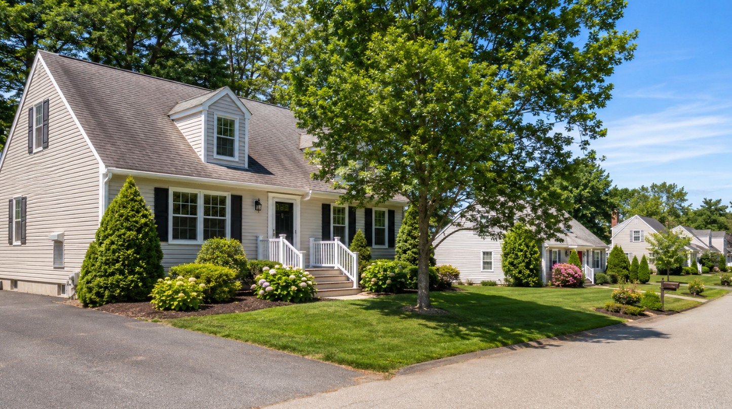 A polished but realistic Dracut, Massachusetts home in summer, with nearby New England-style homes subtly visible along the same residential street, illustrating how sellers compete for buyer attention through curb appeal and presentation