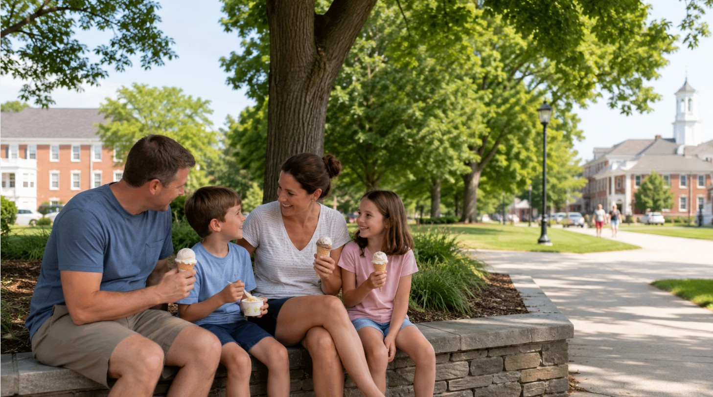 A Southern New Hampshire family enjoying ice cream during a relaxed summer afternoon near a leafy public park, with a clean New England streetscape and natural community activity in the background.