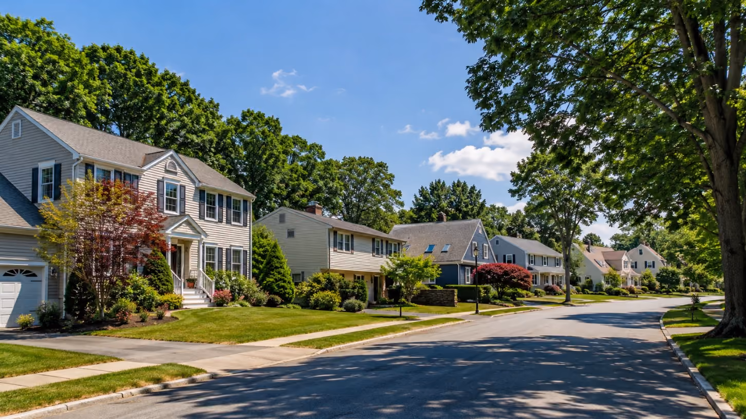 A polished summer residential scene in Southern New Hampshire showing an established New England neighborhood with mature trees, well-maintained homes, a clean roadway, and a subtle mix of active and newly listed properties.