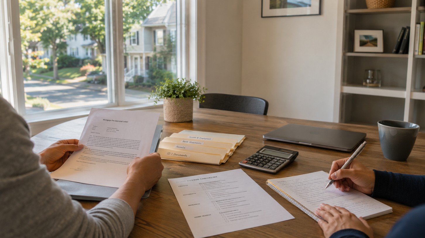 A first-time buyer organizing mortgage documents, bank statements, identification records, and a homebuying checklist at a clean dining table in a modest Lawrence-area residence.