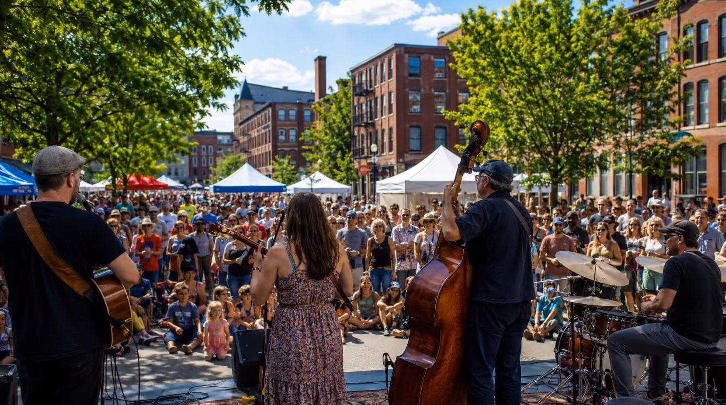 A lively summer folk festival in downtown Lowell, Massachusetts, with musicians performing for a diverse crowd near historic red-brick mill buildings, food tents, mature trees, and walkable city streets.
