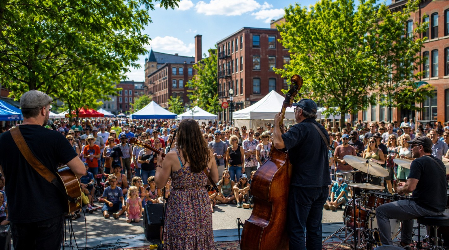 A lively summer folk festival in downtown Lowell, Massachusetts, with musicians performing for a diverse crowd near historic red-brick mill buildings, food tents, mature trees, and walkable city streets.