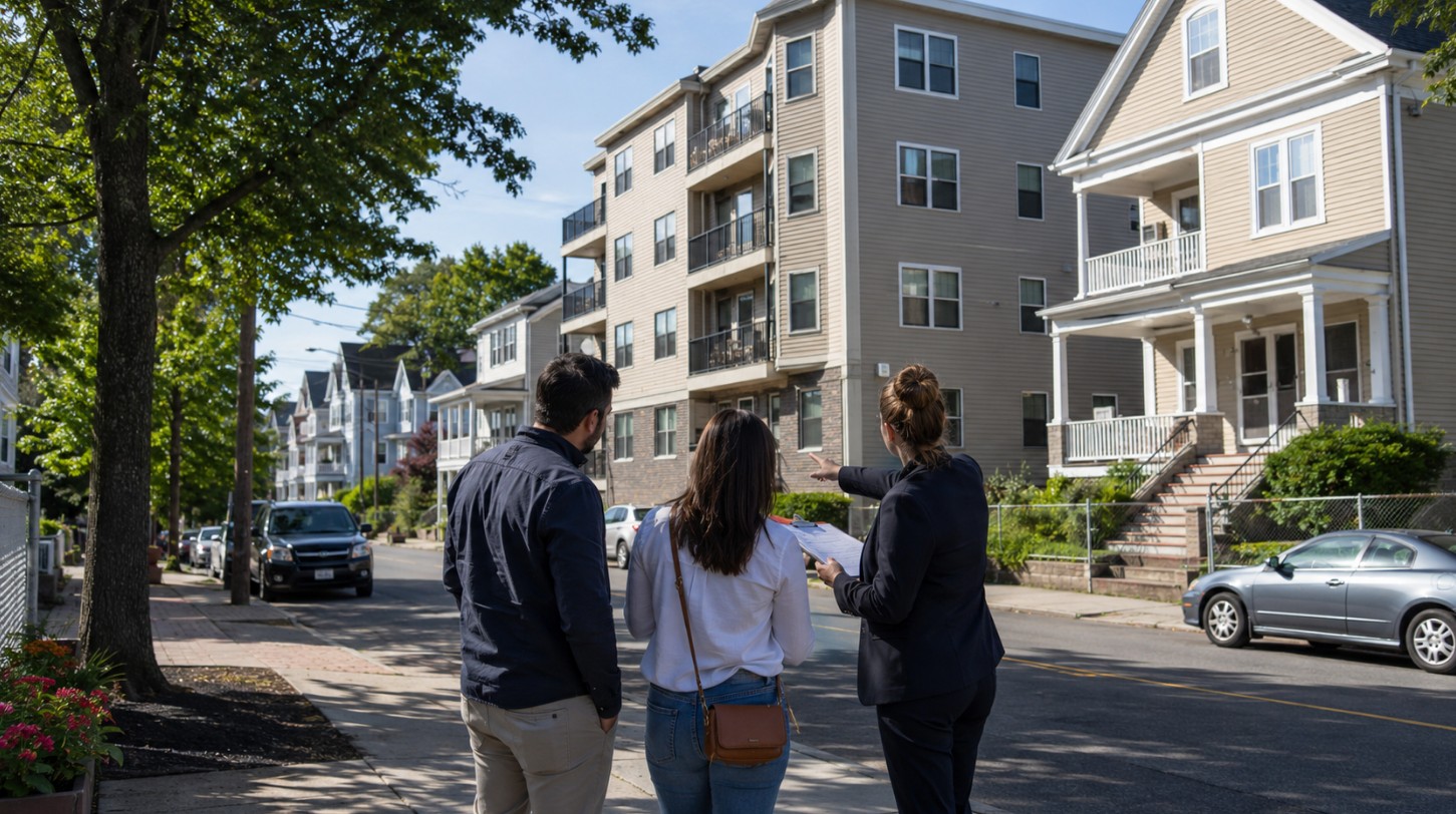 Two non-identifiable homebuyers and a real estate professional reviewing exterior condition details on a Lawrence, Massachusetts residential street with a condominium building, a traditional multifamily property, and modest single-family homes visible nearby.