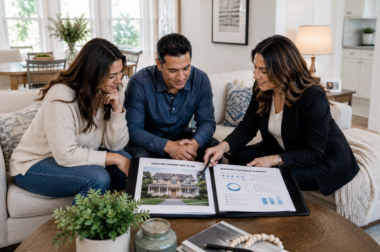 Two homeowners and a real estate professional reviewing showing feedback and an updated property-marketing plan inside a clean, naturally staged New England home.