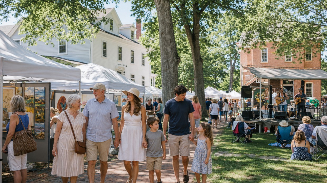 A family exploring an outdoor summer arts event in Southern New Hampshire.