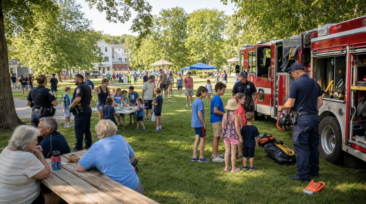 Families, neighbors, and first responders gather for a welcoming summer community event in a leafy Southern New Hampshire park.