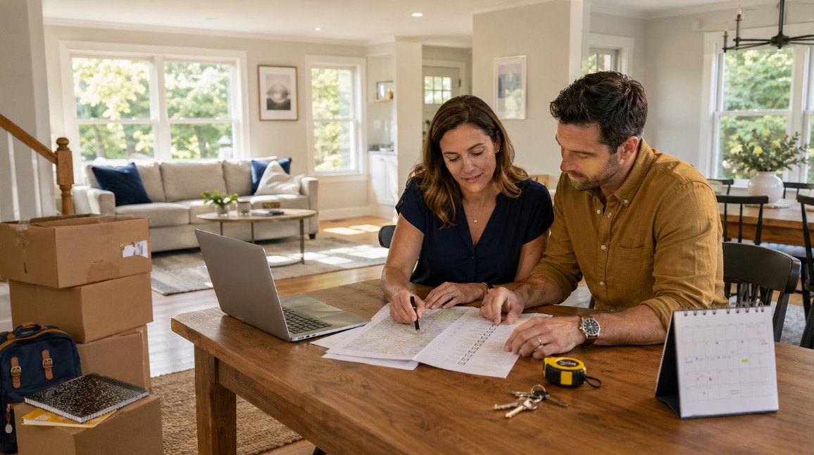 Prepared homebuyers review a home-search plan in a bright Nashua-area residence during late summer, with moving boxes and a calendar suggesting the approaching school year.