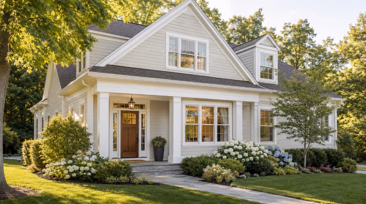 A polished Bedford, New Hampshire home with clean summer landscaping, bright windows, a welcoming entryway, and subtle signs of careful listing preparation.