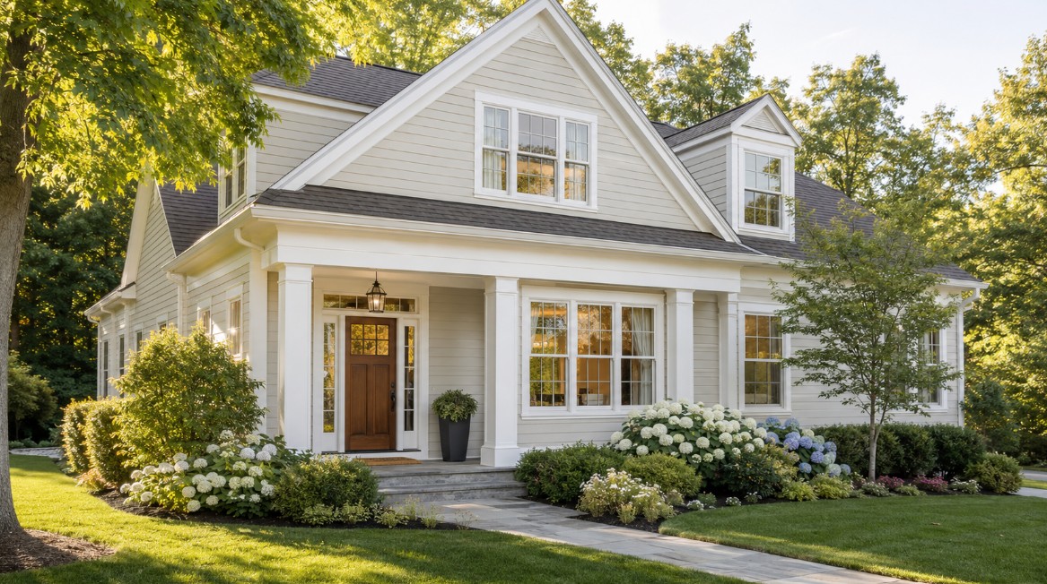 A polished Bedford, New Hampshire home with clean summer landscaping, bright windows, a welcoming entryway, and subtle signs of careful listing preparation.