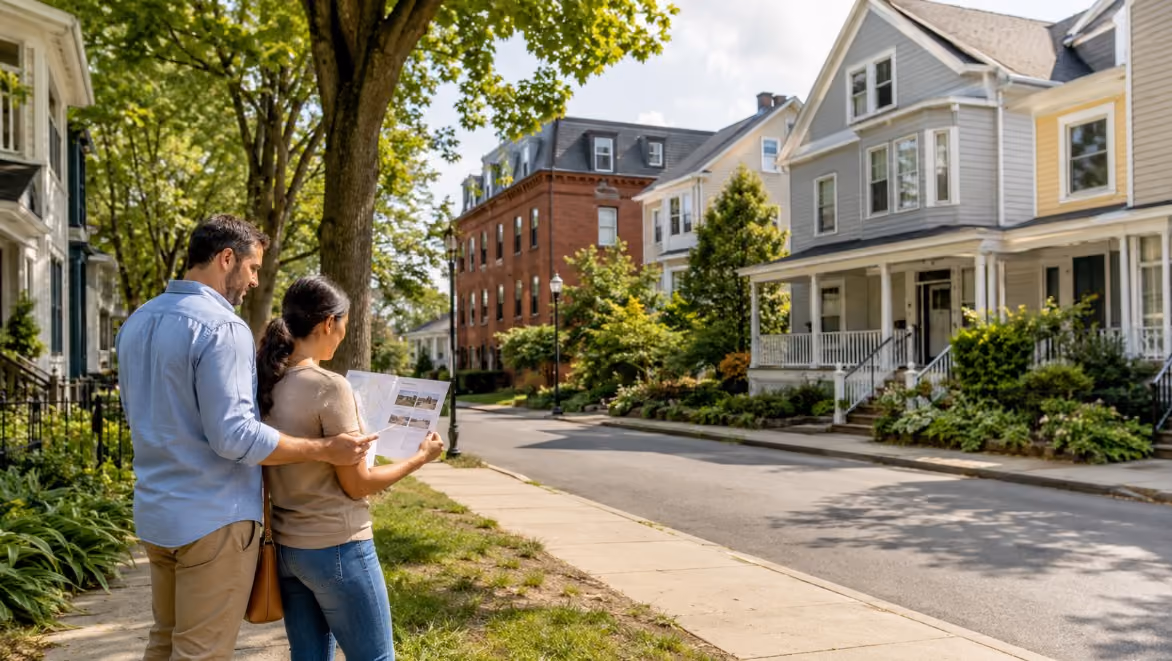 Prepared homebuyers review property information while exploring a residential area of Lowell, Massachusetts, with subtle red-brick architecture and a natural Merrimack Valley setting.