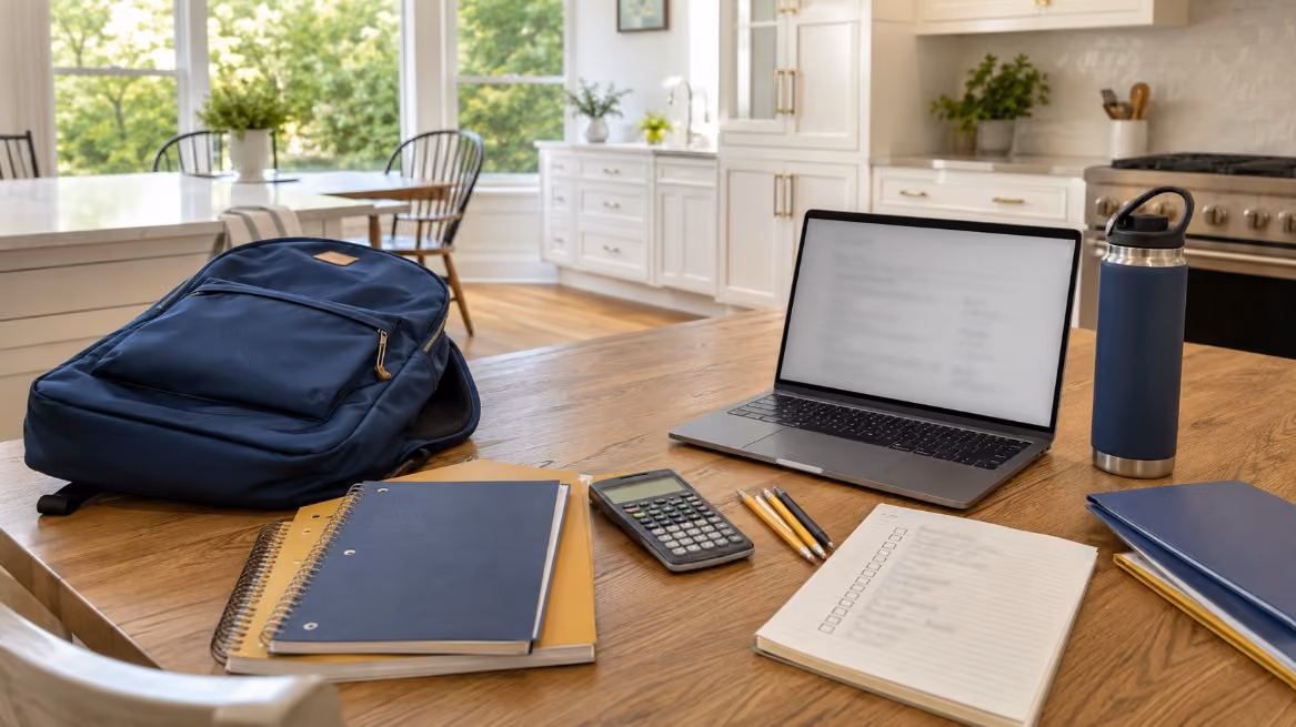 A neat back-to-school planning scene inside a bright Merrimack Valley home, featuring notebooks, a backpack, a calculator, a laptop, and an organized shopping list on a kitchen table.