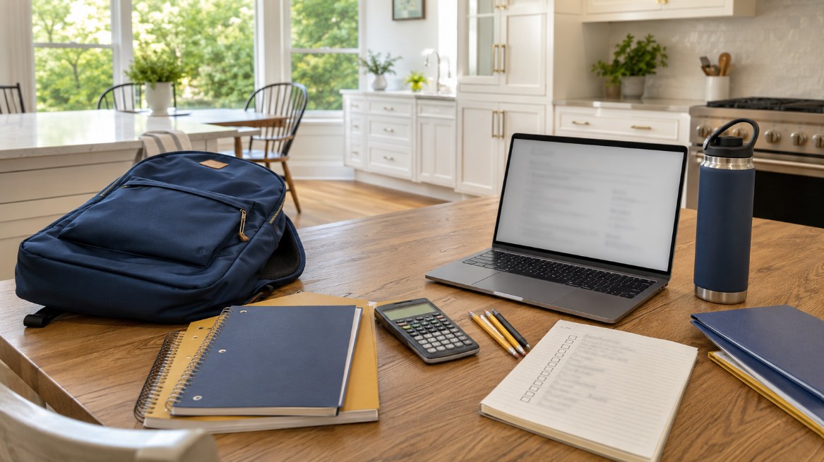 A neat back-to-school planning scene inside a bright Merrimack Valley home, featuring notebooks, a backpack, a calculator, a laptop, and an organized shopping list on a kitchen table.