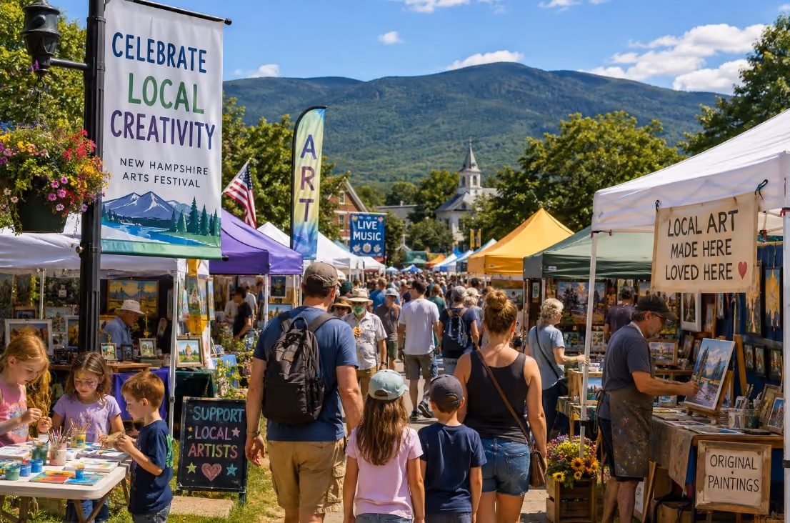 Families and visitors explore an outdoor New Hampshire arts and crafts festival in August, with artisan booths, handmade pieces, trees, and a relaxed New England setting.