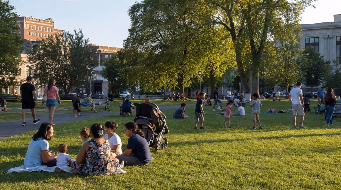 A lively yet realistic summer afternoon at Campagnone Common in Lawrence, Massachusetts, showing families enjoying an outdoor community gathering near the park’s open green space. The setting should suggest late summer through warm sunlight, mature trees, casual family activity, and recognizable urban New England surroundings without presenting unverified event attractions.