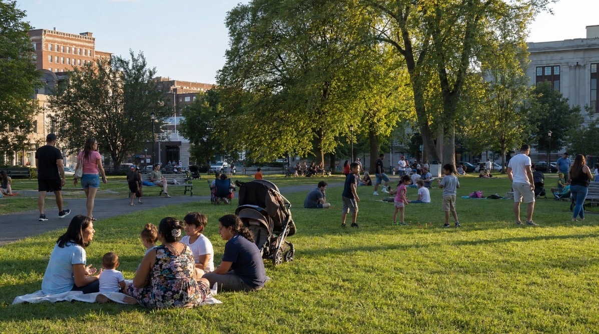 A lively yet realistic summer afternoon at Campagnone Common in Lawrence, Massachusetts, showing families enjoying an outdoor community gathering near the park’s open green space. The setting should suggest late summer through warm sunlight, mature trees, casual family activity, and recognizable urban New England surroundings without presenting unverified event attractions.