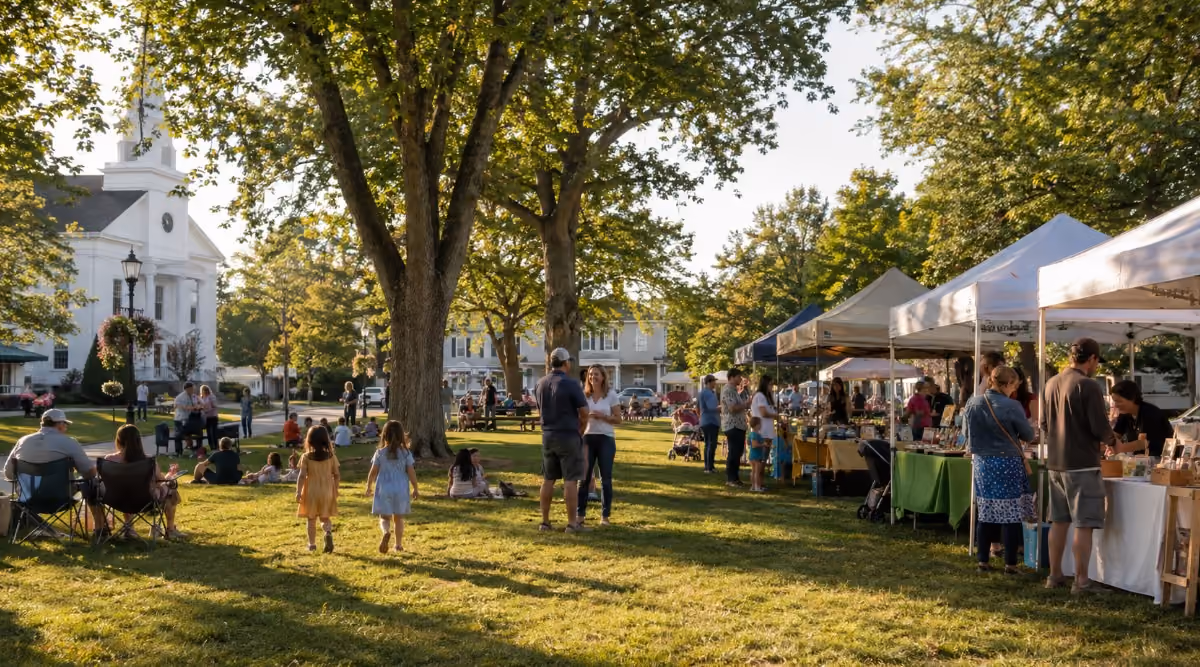 Families and community members enjoying a warm late-summer gathering near the Londonderry Town Common, with mature trees, local booths, and a welcoming New England atmosphere.