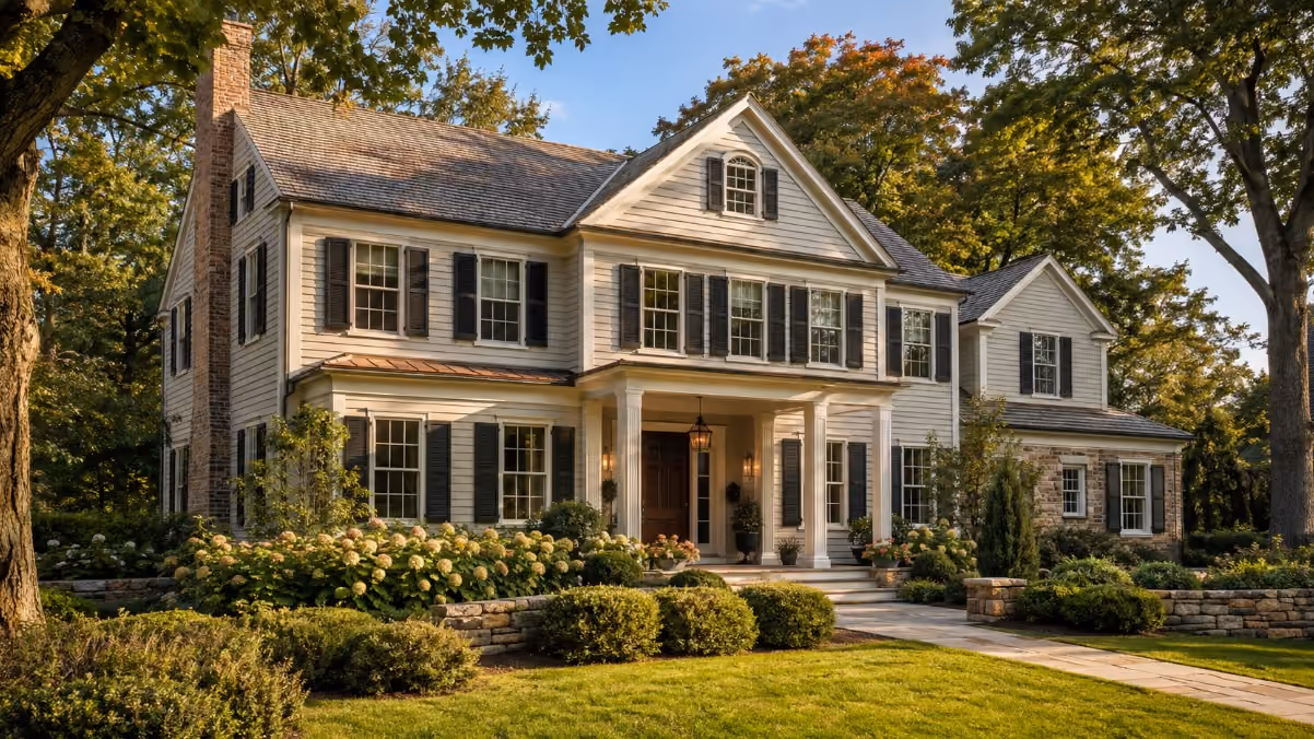 A polished higher-end New England home in Andover or North Andover during late summer, featuring mature landscaping, a welcoming entrance, and subtle early-fall color.