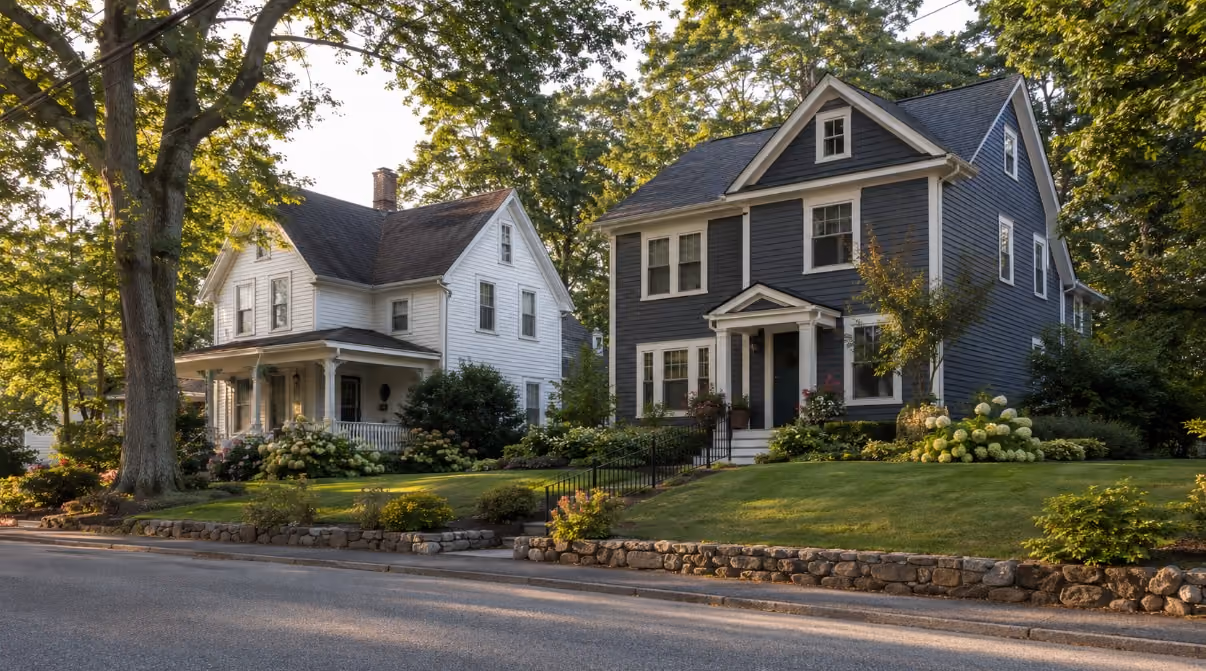 A realistic late-summer residential neighborhood in Southern New Hampshire featuring attractive New England homes, mature green landscaping, warm afternoon light, and subtle signs of an active housing market. The scene should feel welcoming, established, and locally authentic.