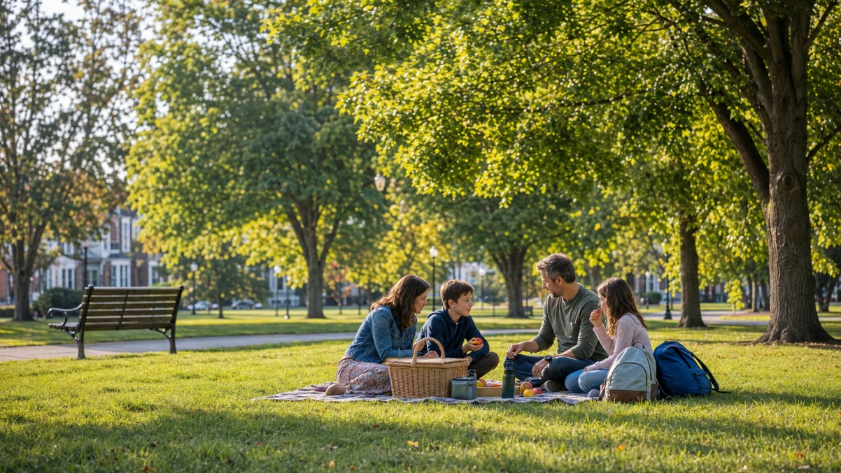 A Concord family enjoying a calm late-summer morning in a public New England park, with backpacks and a picnic nearby, mature green trees, warm sunlight, and the earliest subtle signs of fall.