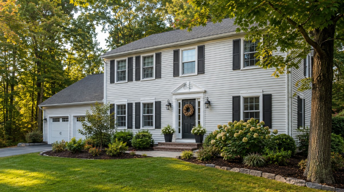 A well-maintained Merrimack, New Hampshire, home in late summer with refreshed landscaping, a polished front entrance, and the earliest subtle signs of fall.