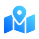 Blue and white location pin icon on simplified map graphic