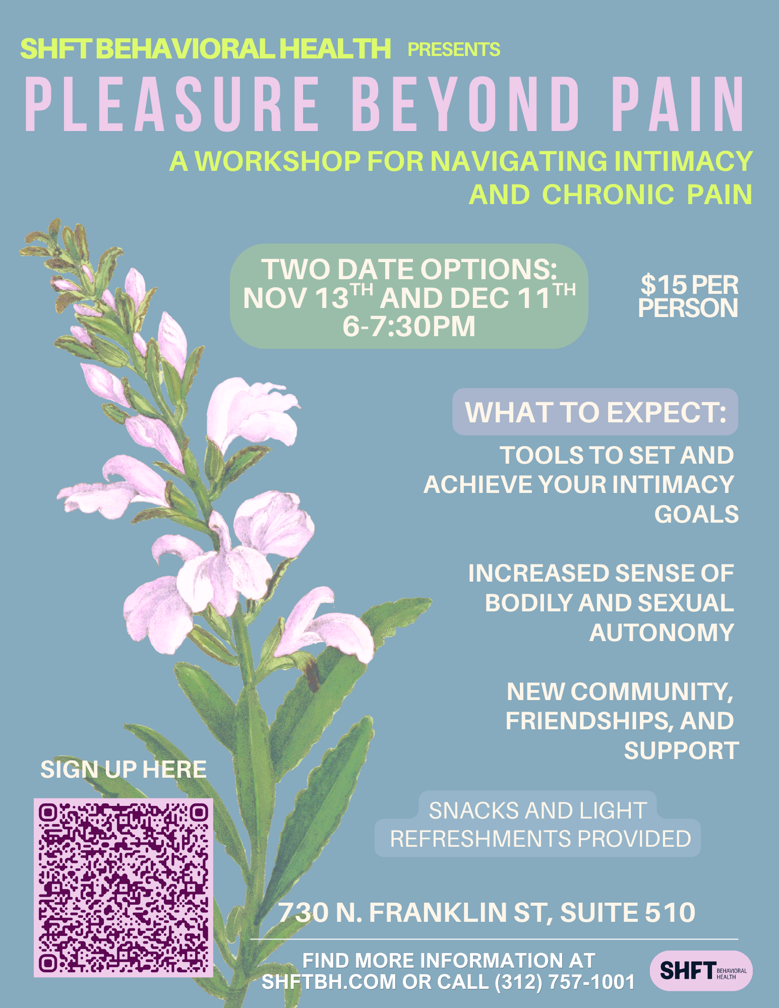 Pleasure Beyond Pain workshop flyer. Event information is also provided in the text on this page.