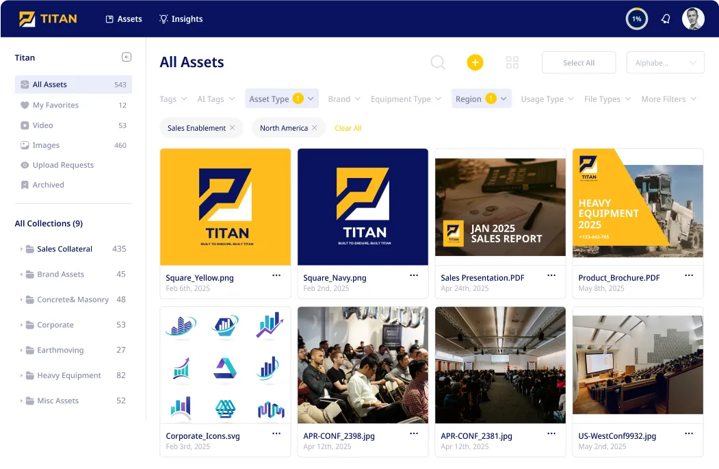 Sparkfive DAM interface showing search for marketing assets