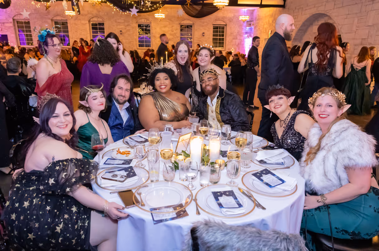 Seated guests at dinner