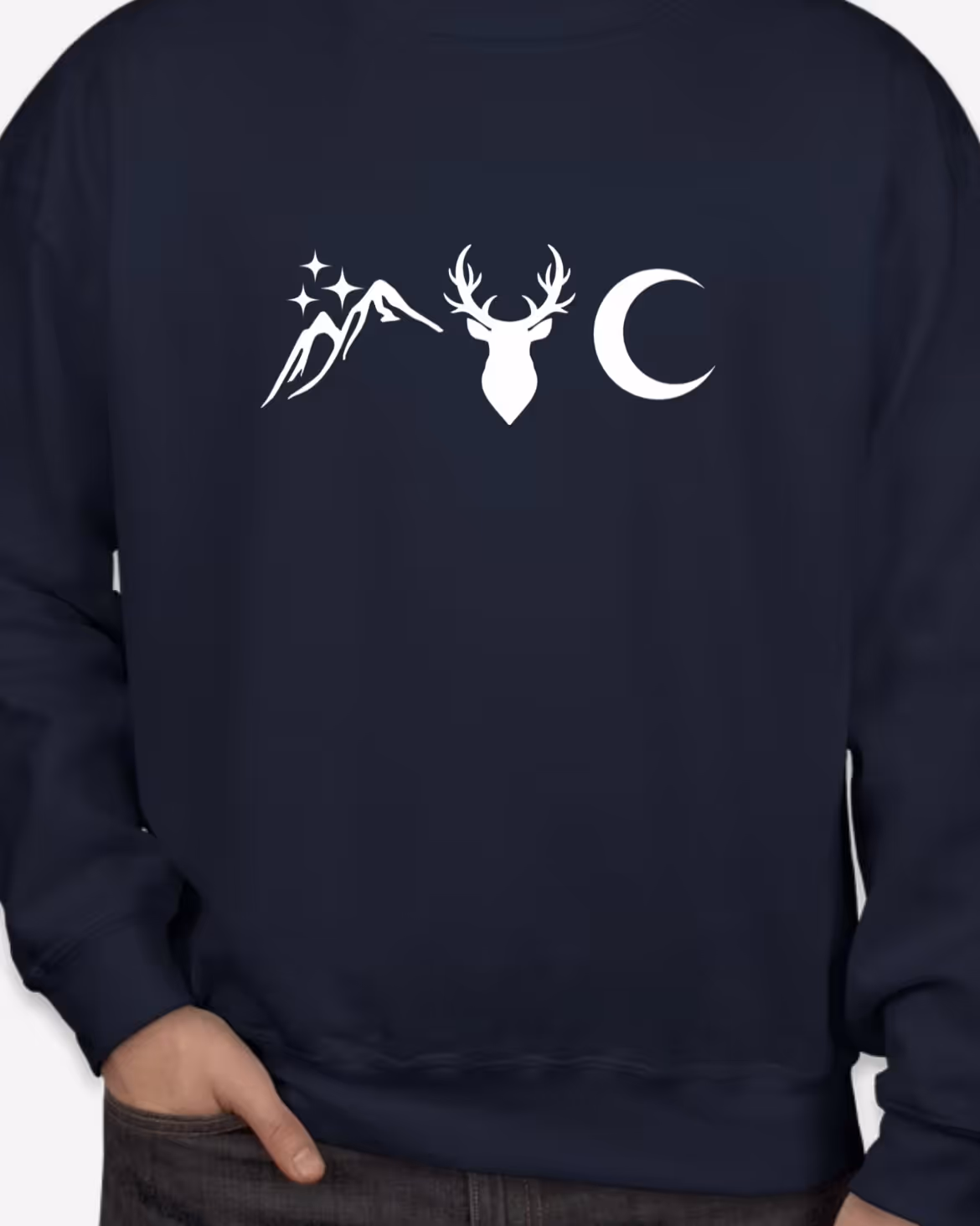 Long sleeve navy shirt with mountain deer and moon icons